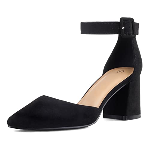 mysoft Women's Pointed Toe Low Chunky Heels Closed Toe Ankle Strap Dress Pump Shoes