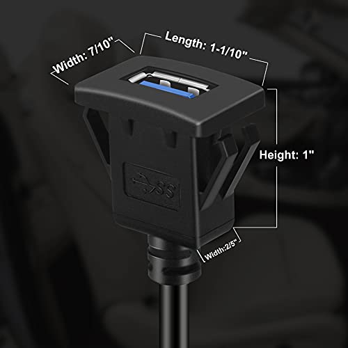 BATIGE Square Single Port USB 3.0 Panel Flush Mount Extension Cable with Buckle for Car Truck Boat Motorcycle Dashboard 1ft