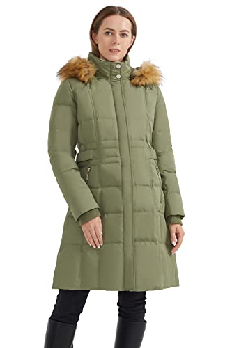 Orolay Quilted Down Jacket Women Winter Long Coat Puffer Jacket with Fur Hood ArmyGreen XS