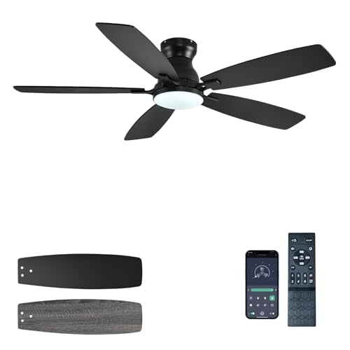 JSAITEE Ceiling Fans with Lights, 52 Inch Low Profile Ceiling Fan with Light and Remote Control, Flush Mount, DC Reversible Motor, Noiseless, Black 6 Speeds Ceiling Fan for Bedroom