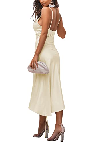 LYANER Women's Satin Spaghetti Straps Cowl Neck Sexy Ruch Cocktail Midi Dresses Yellow Small