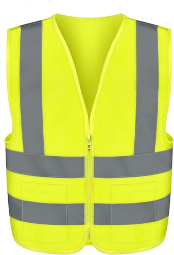 Neiko 53994A Large Ultra Reflective Safety Vest with Reflective Stripes & Zipper, Visibility Strips on Neon Yellow for Emergency, Safety Vest for Men and Women, Adult Safety Vest