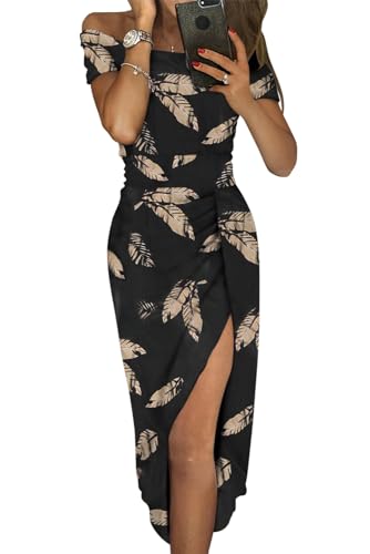 Sidefeel Women's Casual Off The Shoulder Floral Print High Slit Evening Party Bridemaid Wedding Dress Blue Flower Small