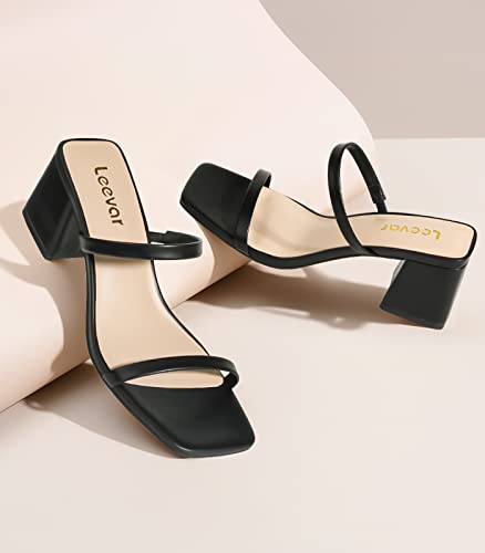 Leevar Square Toe Heeled Sandals for Women,Women's Low Block Heels Sandals,2.25IN Open Toe Ankle Strap Chunky Heels, Black Pu, 4 UK