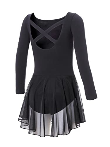 DIPUG Girls Long Sleeve Ballet Leotards Toddler Dance Leotard with Skirt Criss-Cross Back Black Halloween 2t 3t 4t XS