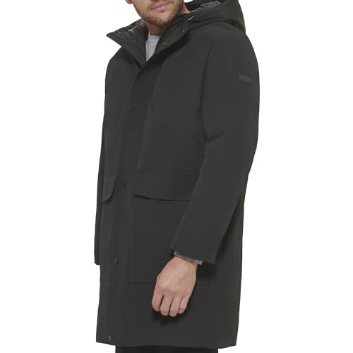 DKNY Men's Water Resistant Hooded Logo Parka Jacket, Heavyweight Black