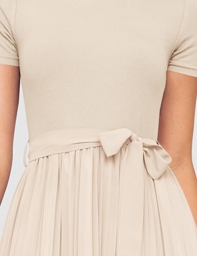 ZESICA Womens Summer Short Sleeve Midi Dresses Spring Casual Crew Neck Knit Belted Pleated A Line Flowy Wedding Guest Dress,Apricot,Small