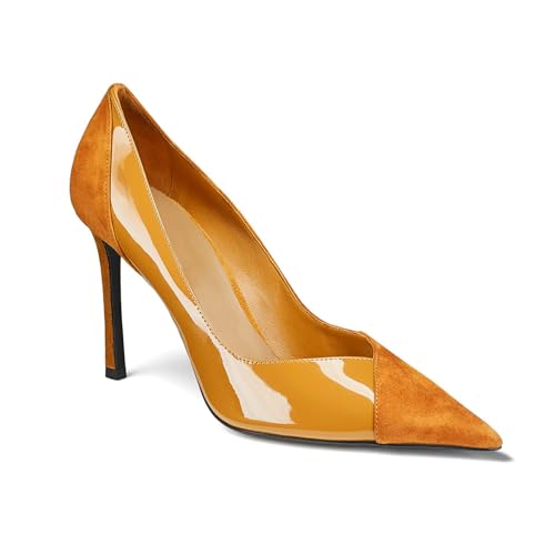 Coutgo Womens Pointed Toe High Heels Pumps Patent Suede Stiletto Heel Slip on Office Party Wedding Dress Shoes Coffee
