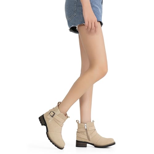 Jeossy Women's 9007A Ankle Casual Chelsea Boots, Fashion Low Heel Booties, Beige, Size 6M US-with Size Zip(DJY9007A Beige 06)