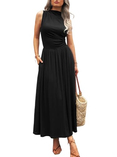 Mieazom Women's Summer Casual Sleeveless Mock Neck Ruched Elegant Maxi Dresses Semi Formal Flowy Tank Dress with Pockets Blue S