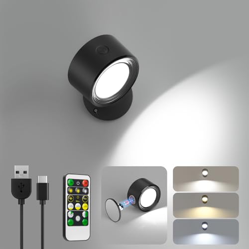 LED Wall Sconces with Remote, Wall Mounted Lights Rechargeable Battery Operated, 3 Color Temperatures & Dimmable Wall Lamp Magnetic 360° Rotation Wireless Light for Bedroom Living Room