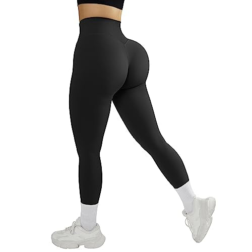 MOSHENGQI Seamless Workout Leggings for Women Butt Lifting High Waisted Tummy Control Yoga Pants(L,008-Black-tummy control)