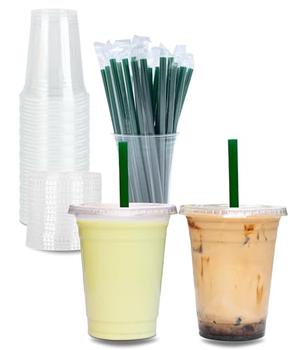 Aatriet 12 oz Clear Plastic Cups with Lids and STRAWS, Disposable Party Cups for To Go Iced Coffee Cold Drinks, Smoothie, Juice, Parfait, Frappuccino, Milkshake. No Leaking Fruit Cup, 25 Sets