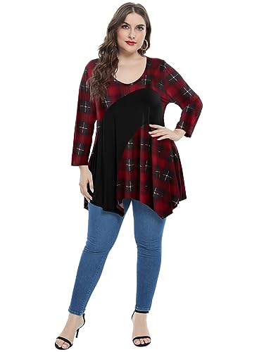 LARACE Color Block 3/4 Sleeves Tops For Women Plus Size Tunic V-neck Flattering Handkerchief Tee Shirt(White 6X)