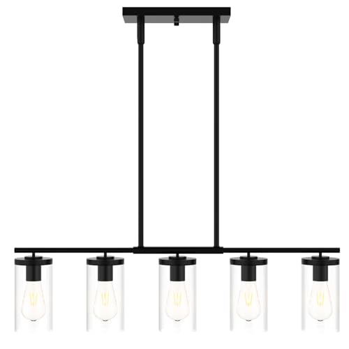 Zevluck 5 Light Island Lights for Kitchen, Black Chandelier Light Fixture with Glass Shades, Dining Room Light Fixtures Over Table with Adjustable Rods, Farmhouse Chandeliers for Dining Room, Island