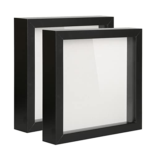 Muzilife Shadow Box Picture Frame with Linen Board Deep Wood Glass Display Case Ready to Hang Memory Box Baby Sports Memorabilia, Pins, Awards, Medals, Wedding, Tickets and Photos (Black, 2pcs 8X8)