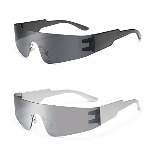 VANLINKER Futuristic Trendy Wrap Around Sunglasses for Women Men Fashion Rimless Visor Rave Shield Y2k Mirrored Shades Silver/Black VL9679
