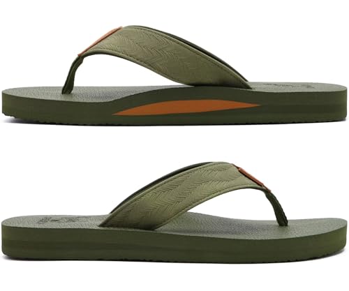 KuaiLu Men's Leather Flip Flops Arch Support Summer Beach Pool Water Thong Sandals Waterproof Rubber Walking Shoes Slip on Orthotic Casual Sport Cushioned Wide Slides Shower Slippers Brown Size 8