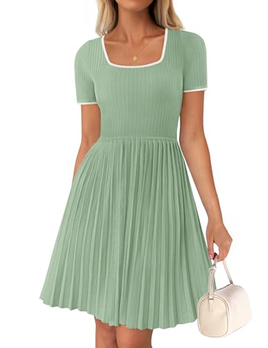 ZESICA Women's Ribbed Square Neck Color Block Pleated Mini Dress 2024 Short Sleeve A Line Knit Short Dresses Almond S