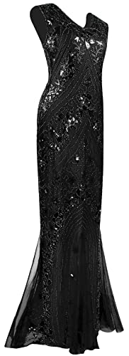 Women Evening Dress 1920s Floral Sequin Mermaid Hem Maxi Long Formal Ball Gown with 20s Accessories Set (Small, Style Black Silver)