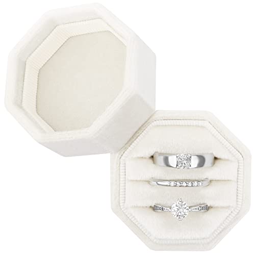 DesignSter Ring Box for Wedding Ceremony Octagon 3 Slots Velvet Ring Box Wedding Ring Box Premium Ring Bearer Boxes for Proposal Engagement (Beige)