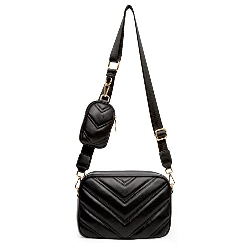 Herald Chevron Quilted Small Crossbody Bag with Coin Purse Pouch, Women Square Camera Side Shoulder 2 Size Handbags (Black)