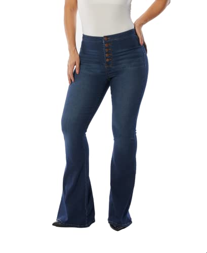 dollhouse Women's Dark wash high Rise Curvy Flare with Exposed Buttons and Zipper Fly, Alpha, 1