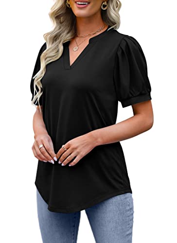 Womens Floral Tops Summer Short Puff Sleeve Shirts Flowy Tunic for Women V Neck Black S