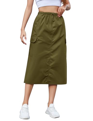 KTILG Skirt Women Midi Cargo Long Skirt Y2k Pockets Casual Light Trendy Fashion Petite Side Split Solid 2024 Low Waist Army Green