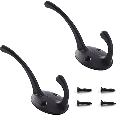 Aifeier ET 2 Pack Black Retro Double Hook Wall Mounted with 4 Screws for Coat, Bag, Cap, Hat, Towels, Keys, Scarf, etc.