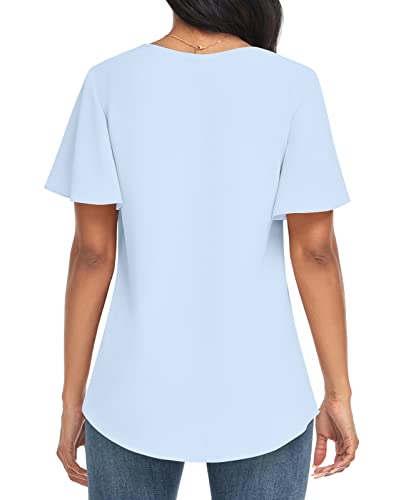 Bestbee Womens Flowy Short Sleeve Dressy Chiffon Blouses V Neck Tops Tee Cute 2024 Summer Shirts Casual T-Shirts, Light Blue, M