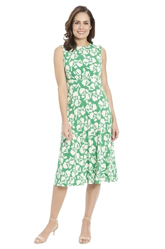 London Times Women's Plus Size Sleeveless Inset Waist Midi Fit and Flare Dress, Green/Soft White