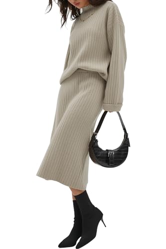 CHYRII Womens Fashion Two Piece Outfits Mock Neck Oversized Sweater Tops Skirt Sets Sweater Dress Lounge Sets Beige XS