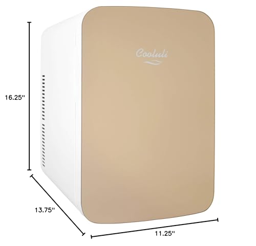 Cooluli 15L Mini Fridge for Bedroom - Car, Office Desk & College Dorm Room - 12v Portable Cooler & Warmer for Food, Drinks, Skincare, Beauty & Makeup - AC/DC Small Refrigerator with Glass Front, Gold