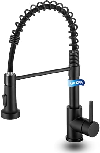 LUFEIDRA Black Kitchen Faucet with Pull Down Sprayer - High Arc Spring 304 Stainless Steel Single Hole Sink Faucet with Dual Function Pull-Down Sprayer for Bar Rv Kitchen, Matte Black