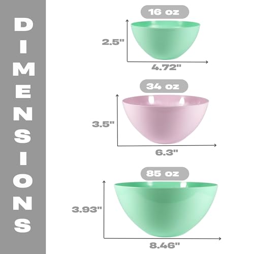 Plastic Bowls for Serving and Mixing - 6 PCs - Reusable Snack Cereal Salad Bowl - Microwaveable and Dishwasher Safe Small Nesting Chip Camping Outdoor - Pink/Green