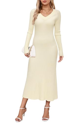 Arach&Cloz 2024 Fall Womens V Neck Long Sleeve Sweater Dress Ribbed Knit Slim Fit Midi Maxi Dress Fashion Clothes Beige Cream Apricot