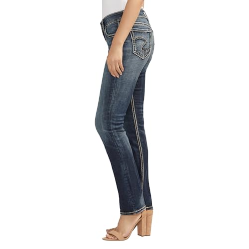 Silver Jeans Co. Women's Suki Mid Rise Curvy Fit Straight Leg Jeans, Dark Blue Wash, 24W x 30L