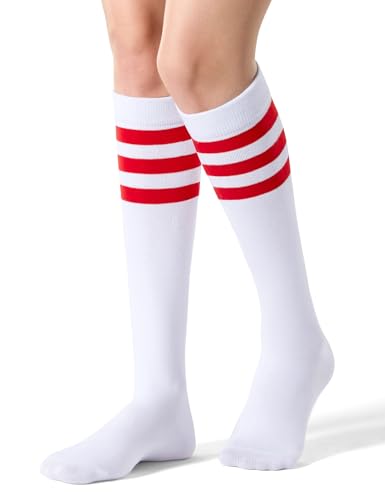 FITRELL Women's Knee High Socks Athletic Socks Stripe Tube Outdoor Sport Socks 1 Pack, White Red