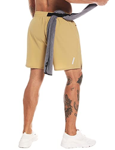 MOVEUP Shorts Athletic Loose Fit Zipper Jogging Shorts Gym Exercise Shorts Active Gym Training Sport Lightweight Shorts Khaki Small