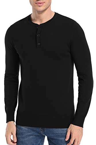 NITAGUT Mens Slim Fit Pullover Sweaters Long Sleeve Knitted Fabric Henley Sweater Black, Small