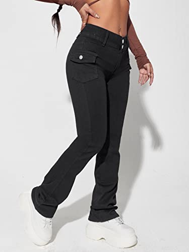 Milumia Women's Casual Skinny Wide Leg Flap Pocket Extra Long Stacked Denim Jeans Pants Black X-Small