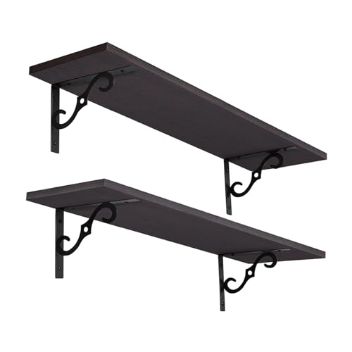 DINZI LVJ Long Wall Shelves, 23.6 Inch Large Floating Shelves Set of 2, Wide Display Shelf Wall Mounted with Brackets, Easy Hanging for Living Room, Toilet, Office, Bedroom, Espresso