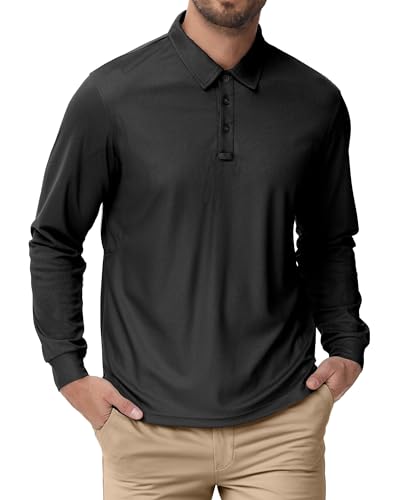 Cityork Men's Polo Shirt Long Sleeve Golf Polo Shirts for Men Moisture Wicking Button Down Dry Fit Comfort Colors T Shirt UPF50+ Black