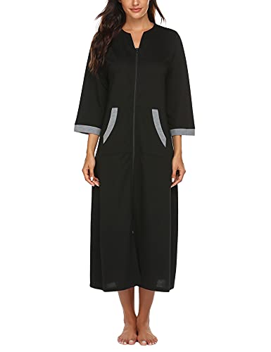 Ekouaer Women Zipper Robe 3/4 Sleeves Loungewear Dress Full Length Sleepwear Pockets Housecoat Nightgown Long Bathrobe