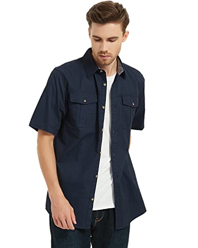 Pooluly Men's Casual Shirts Button-Down Work Shirt Short Sleeve Breathable Workwear Black