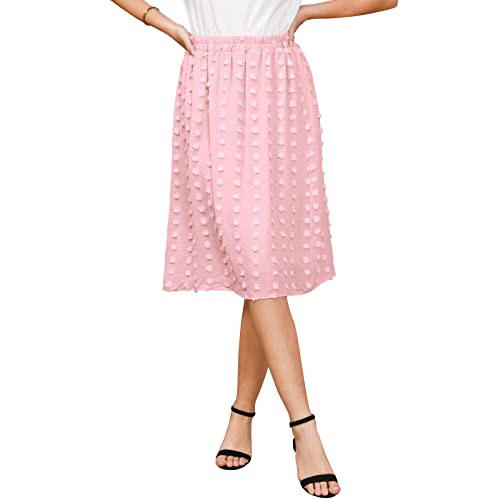 Ezcosplay Women's Boho Swiss Dot High Elastic Waist Pleated A-Line Midi Skirt (Pink, Small)