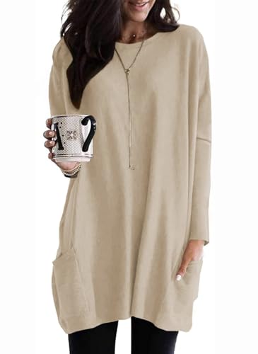Naggoo Womens Long Sleeve Long Tunic Tops for Leggings with Pockets Plus Size Casual Long T Shrits Burgundy M