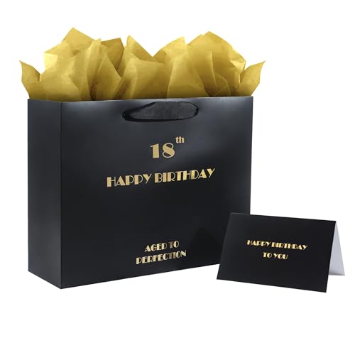 16th Birthday Gift Bag, Black Gold 16h Birthday Bag with Tissue Paper and Greeting Card for Birthday Party, Happy 16th Bithday Gift Bags for Men Women, 12.6" Medium 16th Gift Bags