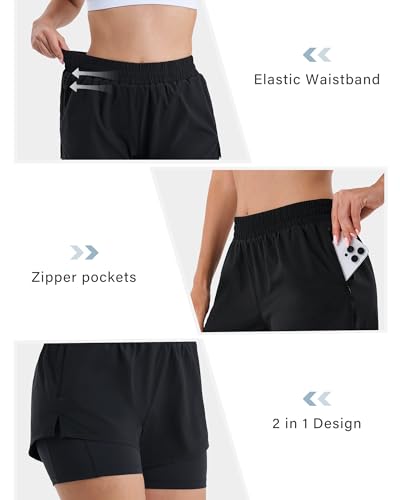 Stelle Women's 2 in 1 Running Shorts Athletic Workout Gym Shorts High Waisted Shorts with Liner Zipper Pockets (Black, X-Small)